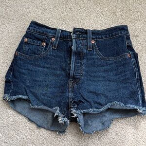 Levi's Dark Blue Jean Shorts with Frayed Hem